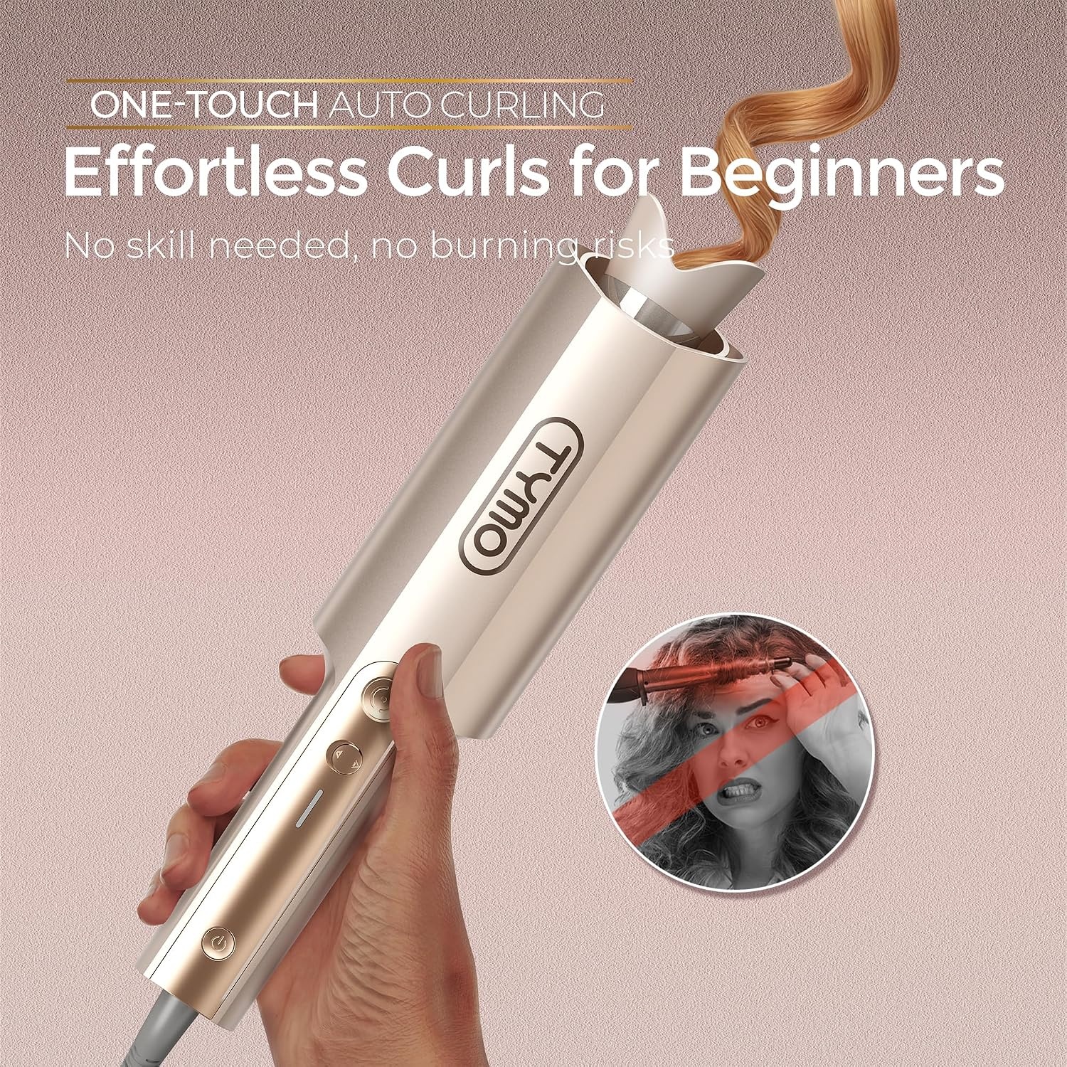 image:imageTYMO CurlPro Plus Automatic Rotating Curling Iron Upgraded Long Barrel Curling Wand for Beach Waves amp Long Hair Ceramic Hair Curler for Women AntiScald 600M Ionic Dual Voltage Gold 1 InchGold