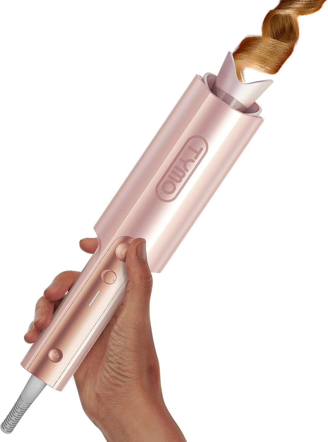 image:imageTYMO CurlPro Plus Automatic Rotating Curling Iron Upgraded Long Barrel Curling Wand for Beach Waves amp Long Hair Ceramic Hair Curler for Women AntiScald 600M Ionic Dual Voltage Gold 1 InchGold Blush