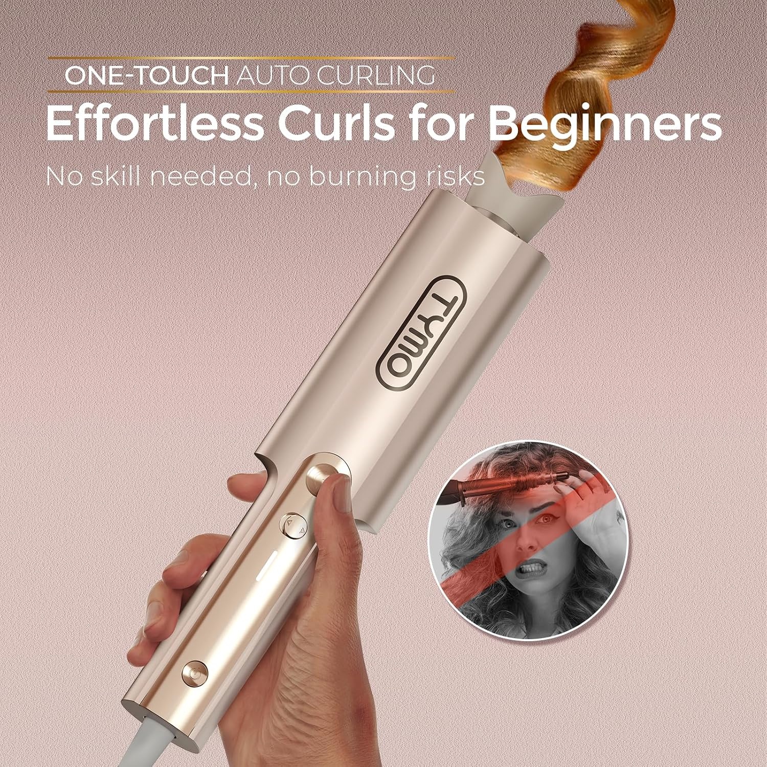 image:imageTYMO CurlPro Plus Automatic Rotating Curling Iron Upgraded Long Barrel Curling Wand for Beach Waves amp Long Hair Ceramic Hair Curler for Women AntiScald 600M Ionic Dual Voltage Gold 1 InchGold