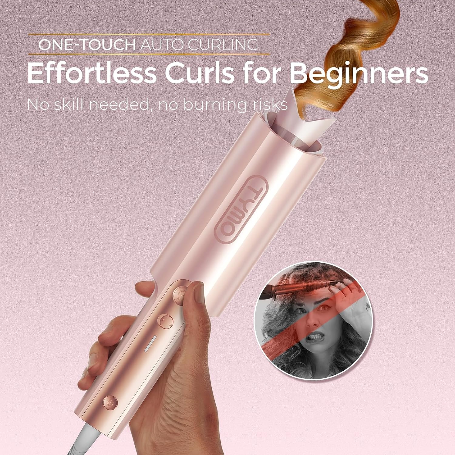 image:imageTYMO CurlPro Plus Automatic Rotating Curling Iron Upgraded Long Barrel Curling Wand for Beach Waves amp Long Hair Ceramic Hair Curler for Women AntiScald 600M Ionic Dual Voltage Gold 1 InchGold Blush