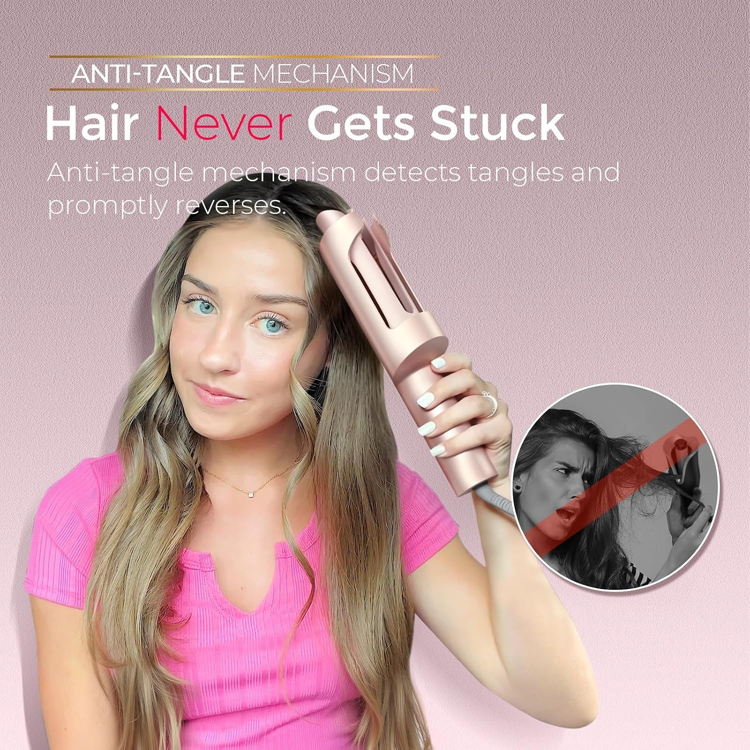 image:imageTYMO CurlPro Plus Automatic Rotating Curling Iron Upgraded Long Barrel Curling Wand for Beach Waves amp Long Hair Ceramic Hair Curler for Women AntiScald 600M Ionic Dual Voltage Gold 1 InchGold Blush