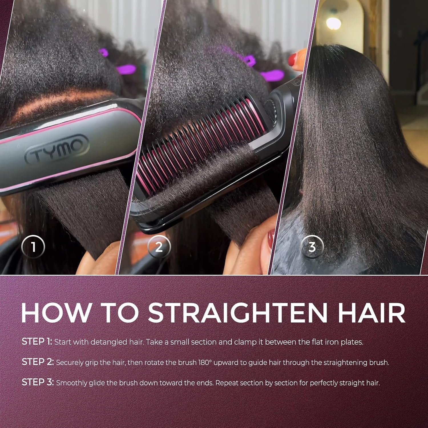 image:imageTYMO Flat Iron Hair Straightener Brush 2 in 1 200M Ions Ceramic Hot CombBlack